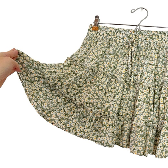 Floral Skirt Womens Size Small Medium Green Tiered Mini Sunflower Daisy - Picture 3 of 6